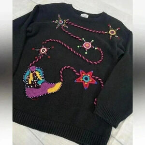Vintage boho Western chic Cowboy Sweater Black beaded Jewel boots star Woman’s M